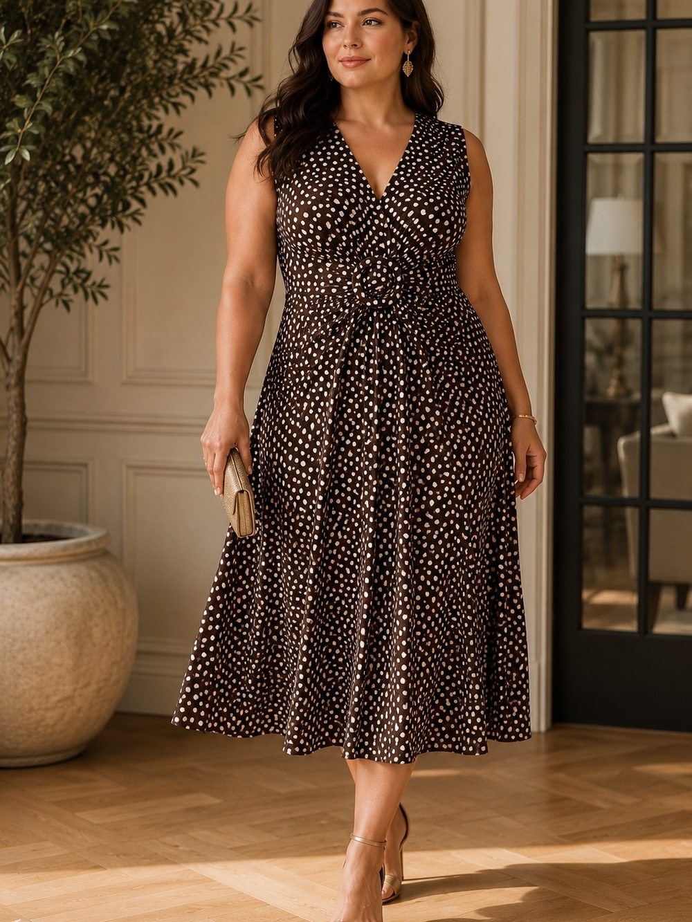 Penningtons Chocolate Brown Polka Dot Midi Dress Retro Pinup Cottagecore Office - Picture 1 of 11
